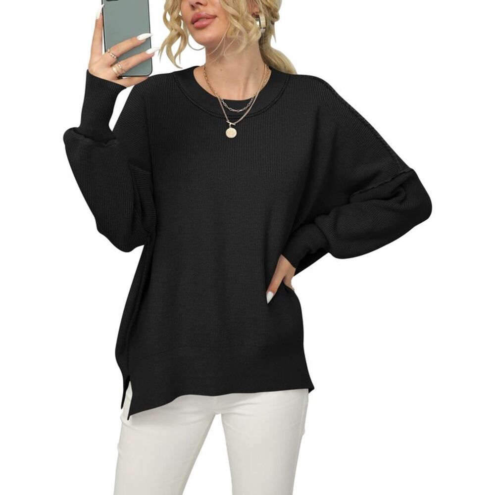 LOGENE Women's Oversized Batwing Long Sleeve Side Slit Ribbed Sweater (Black,